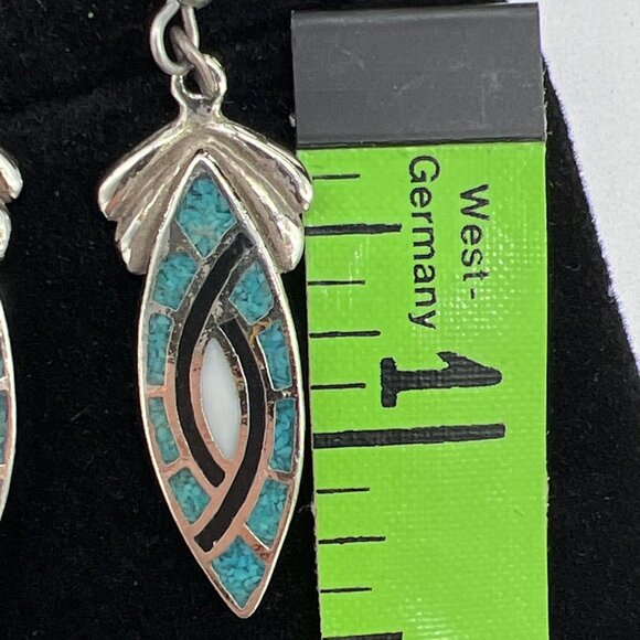 Vintage Silver-Plated Dangle Earrings With Turquoise & White Inlay Leaf Design H - Picture 6 of 6